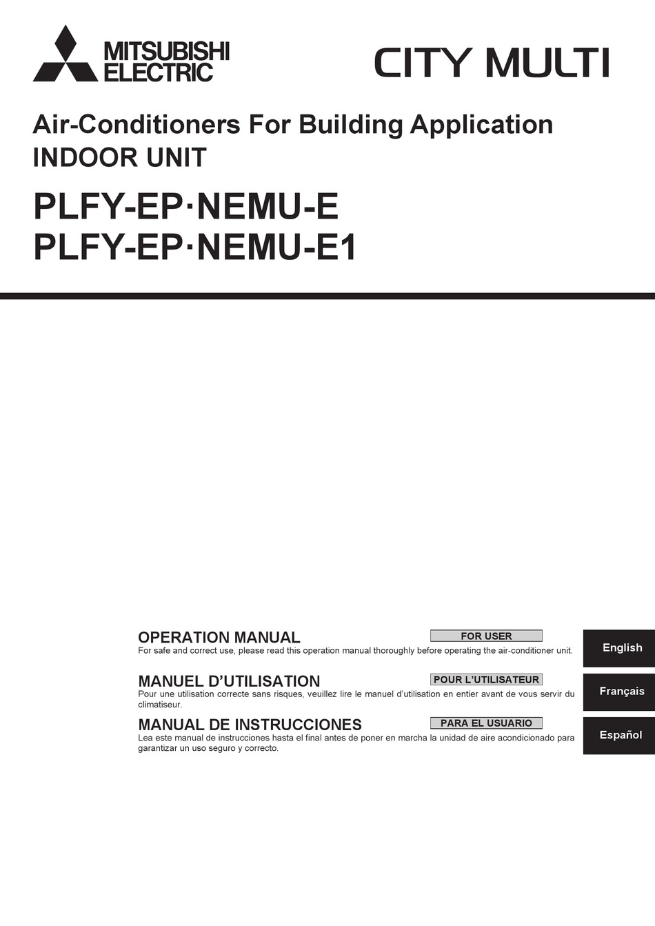 MITSUBISHI ELECTRIC CITY MULTI PLFY-EP NEMU-E1 SERIES OPERATION MANUAL ...