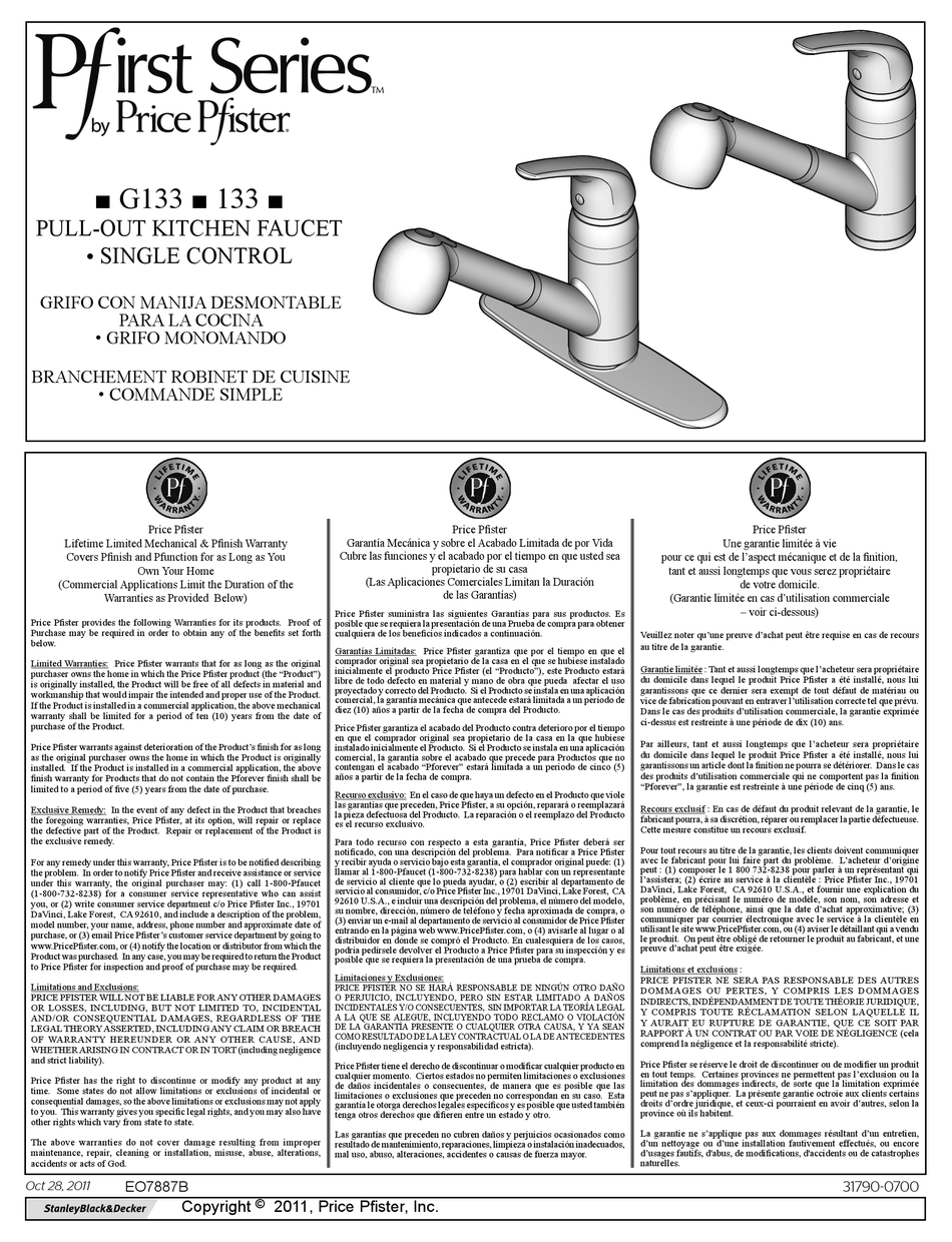 PRICE PFISTER PFIRST G133 MANUAL Pdf Download ManualsLib