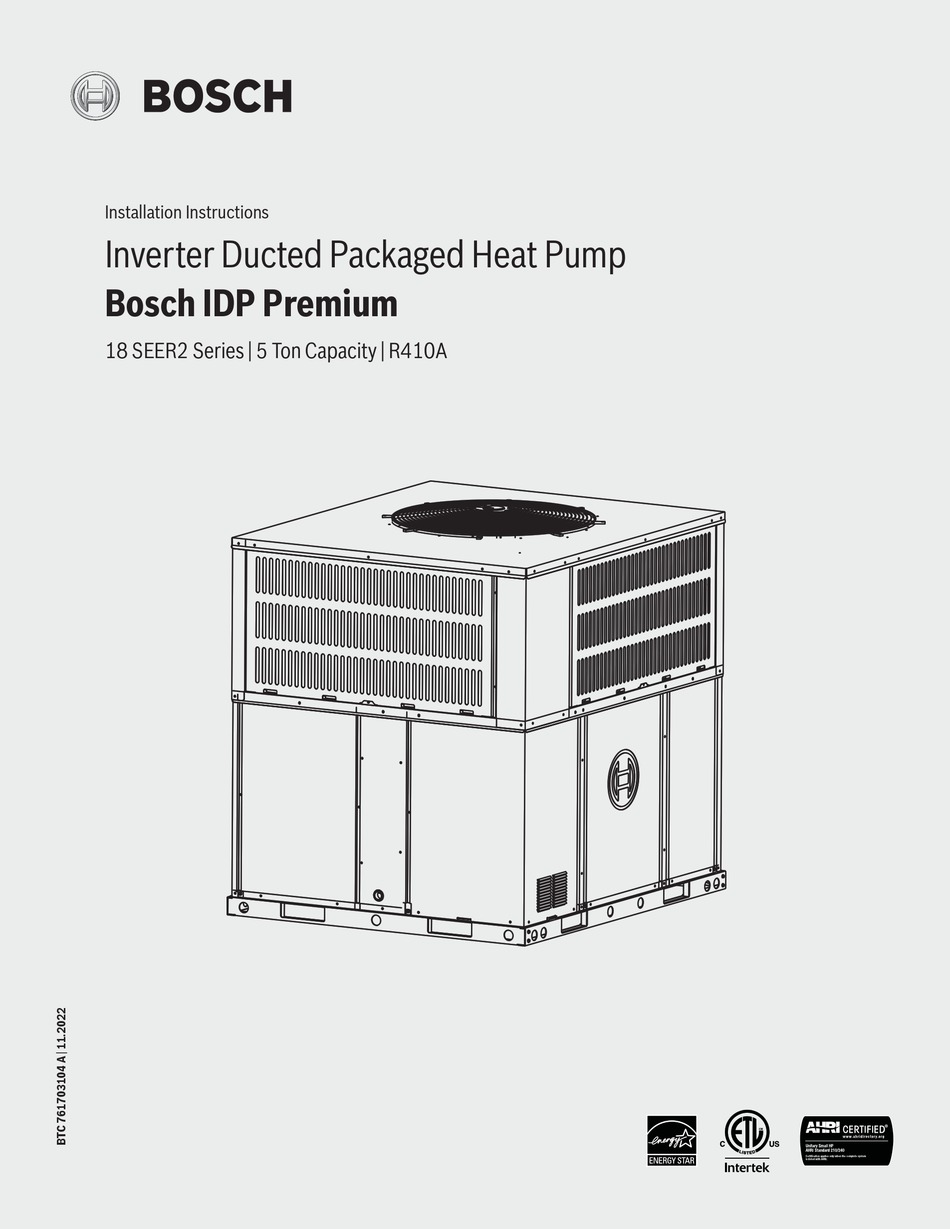 BOSCH IDP PREMIUM BRBA 60HWD1N1 M18 INSTALLATION INSTRUCTIONS