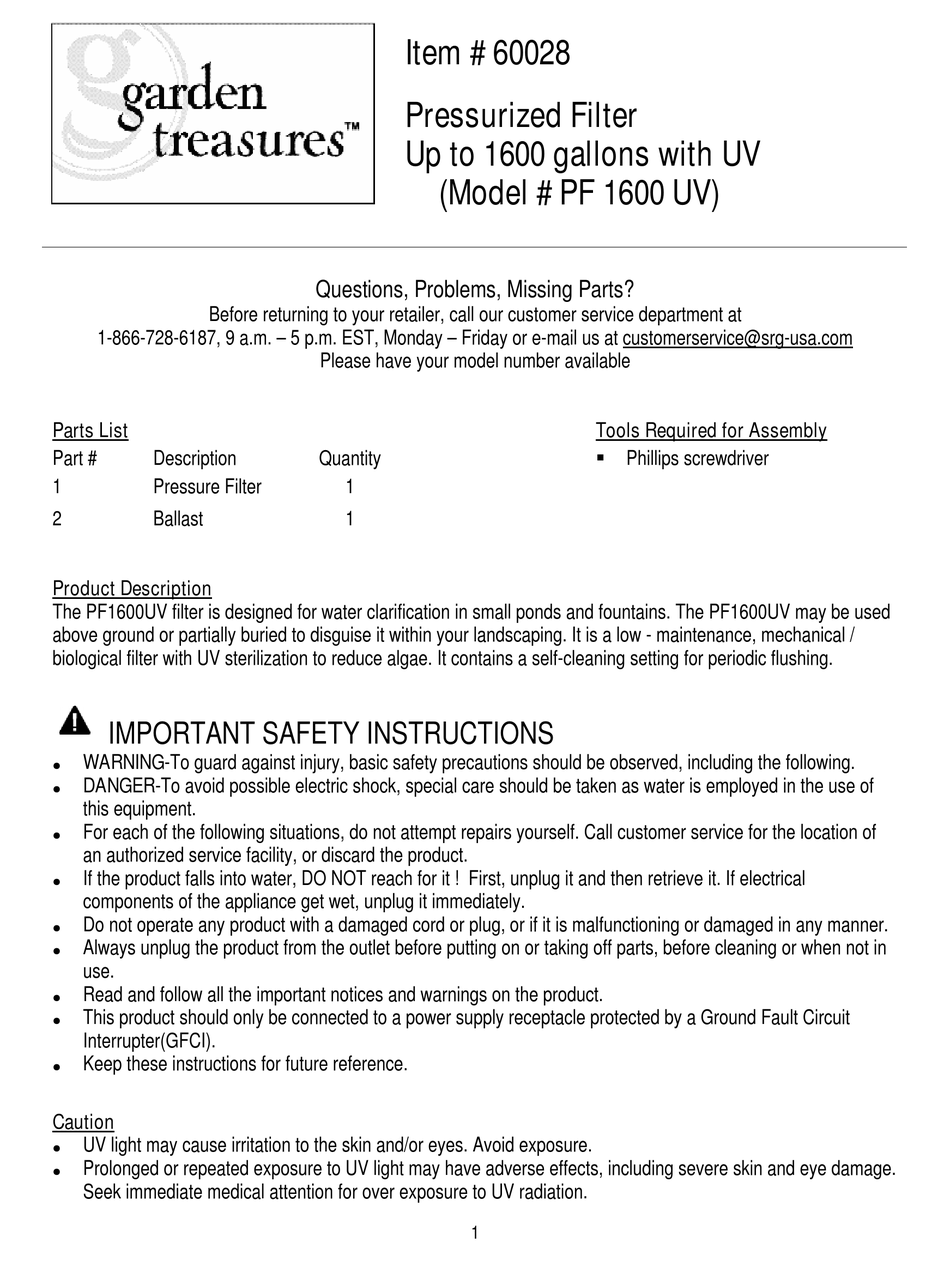 GARDEN TREASURES PF 1600 UV MANUAL Pdf Download ManualsLib
