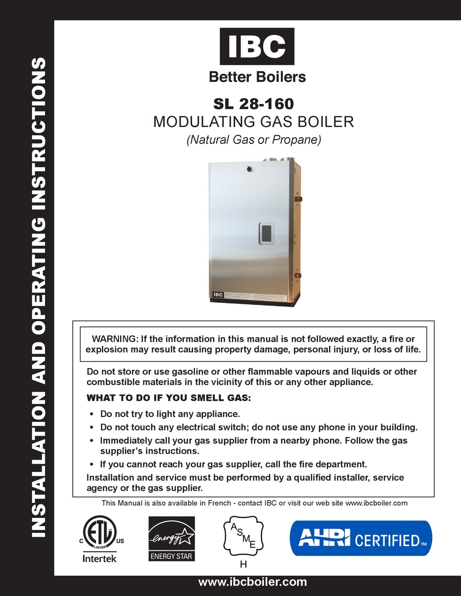 IBC SL 28160 INSTALLATION AND OPERATING INSTRUCTIONS MANUAL Pdf