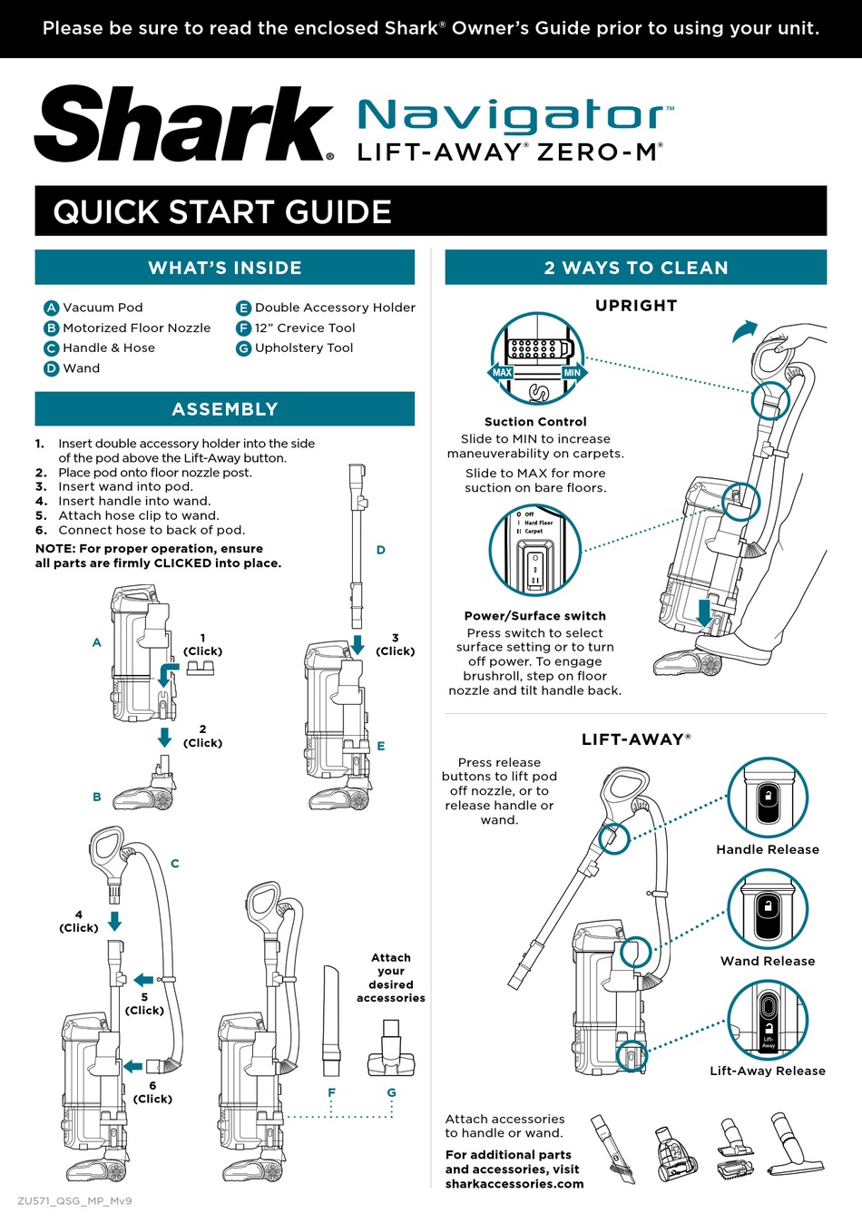 SHARK NAVIGATOR LIFTAWAY ZEROM ZU571 SERIES QUICK START MANUAL Pdf