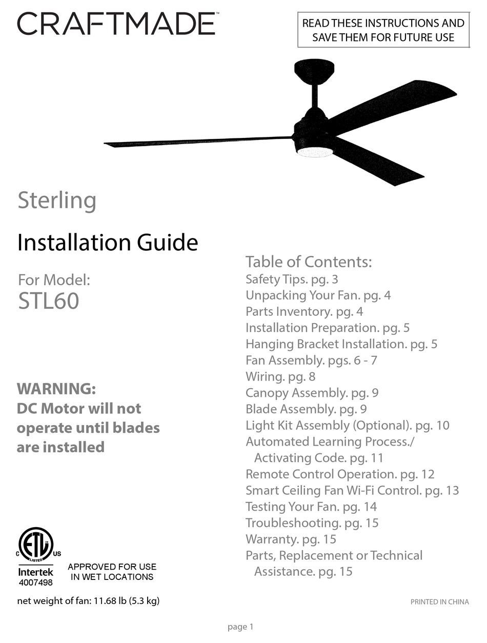 CRAFTMADE STERLING STL60 INSTALLATION MANUAL Pdf Download ManualsLib
