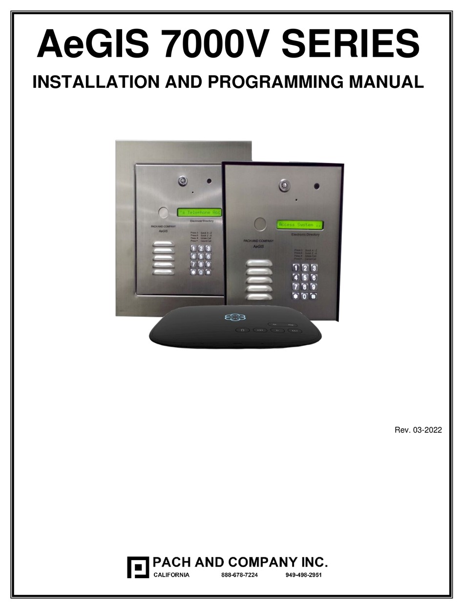 PACH & COMPANY PAC7000VFF INSTALLATION AND PROGRAMMING MANUAL Pdf