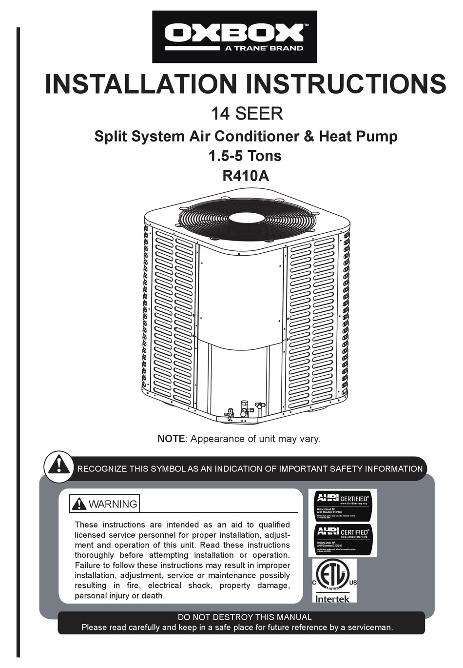 TRANE OXBOX J4AC4 SERIES INSTALLATION INSTRUCTIONS MANUAL Pdf Download