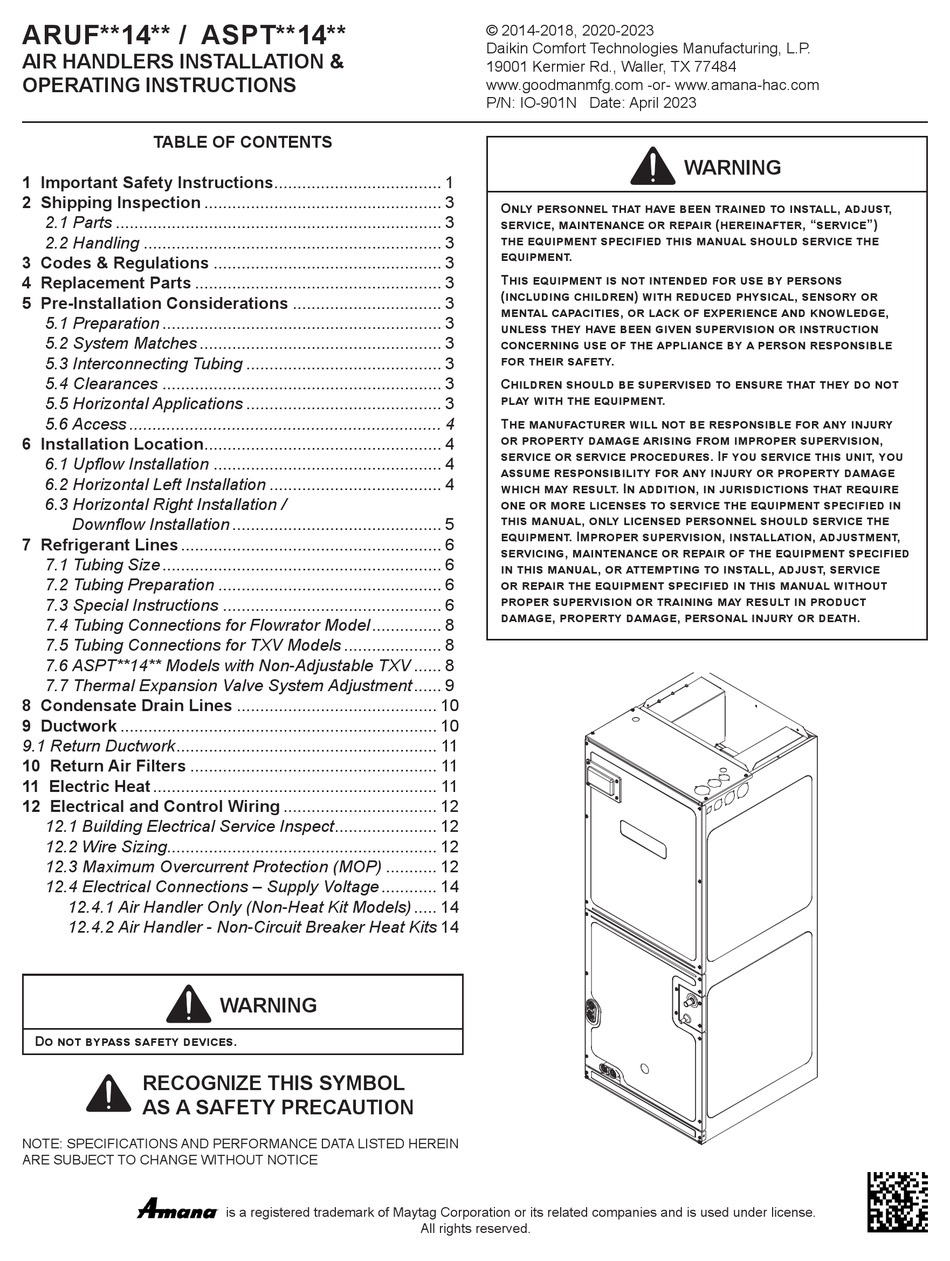 AMANA ARUF 14 SERIES INSTALLATION & OPERATING INSTRUCTIONS MANUAL Pdf