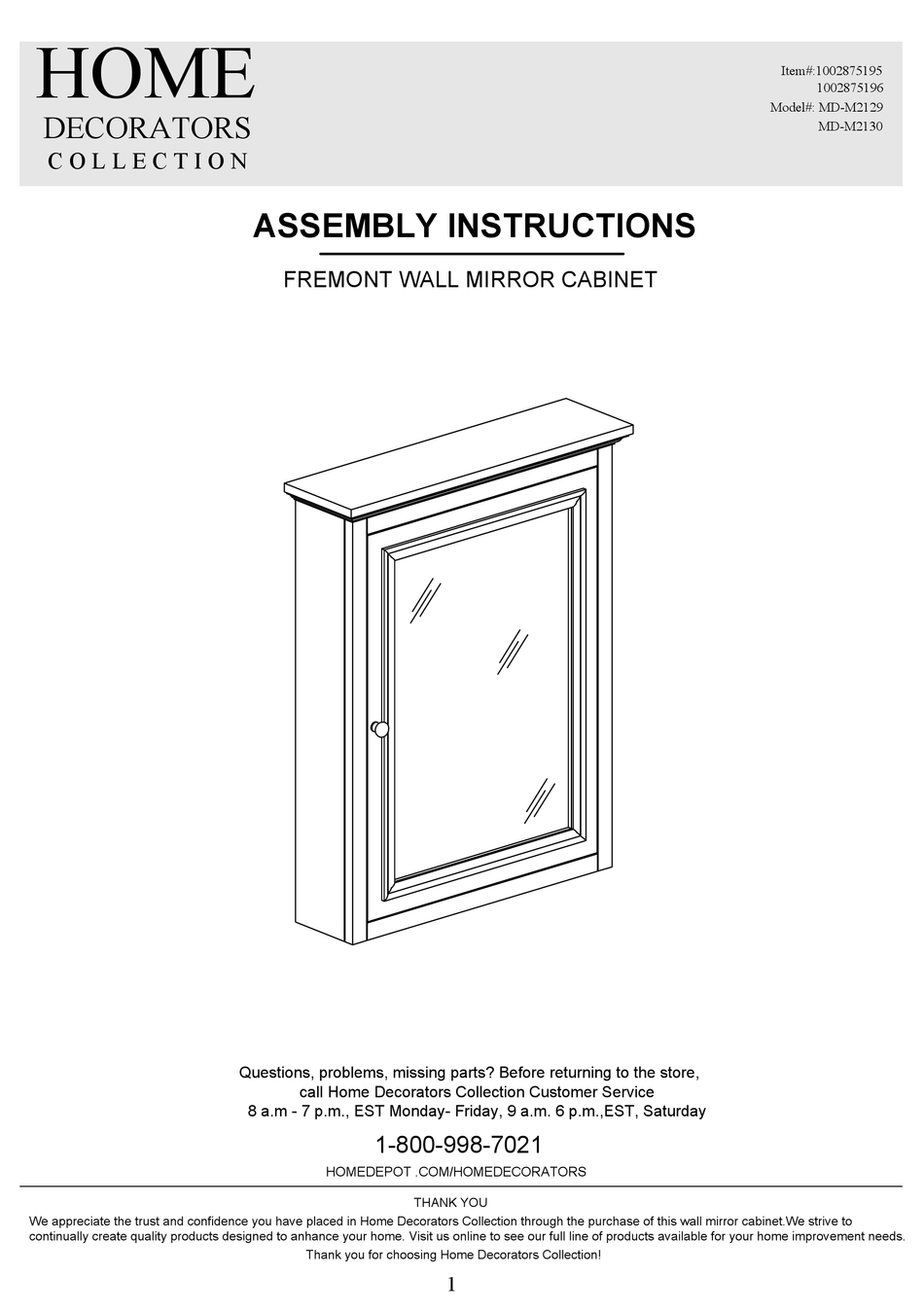 HOME DECORATORS COLLECTION FREMONT MDM2129 ASSEMBLY INSTRUCTIONS