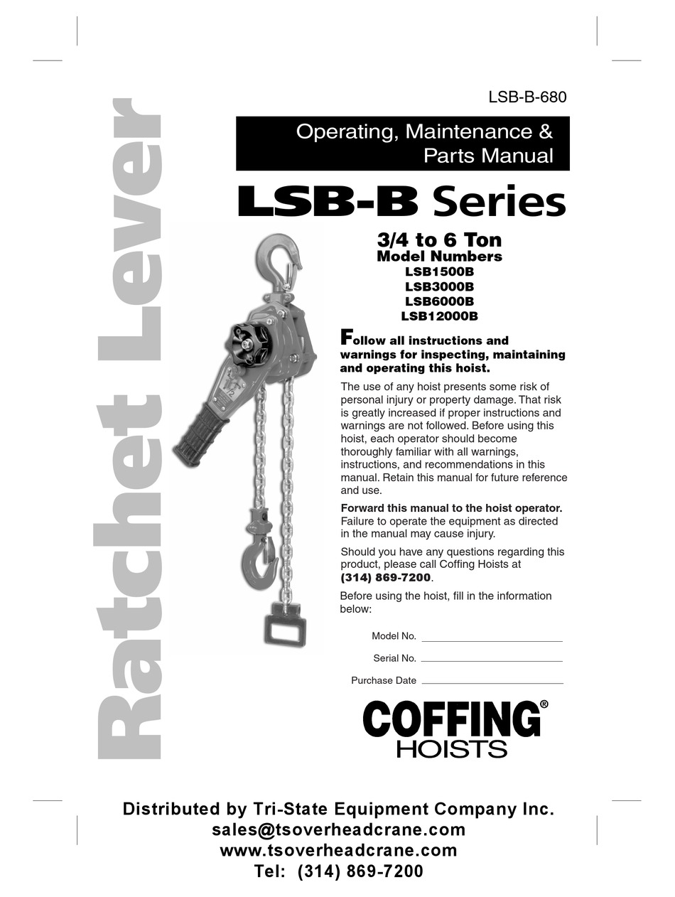 COFFING HOISTS LSB-B SERIES OPERATING, MAINTENANCE & PARTS MANUAL Pdf ...