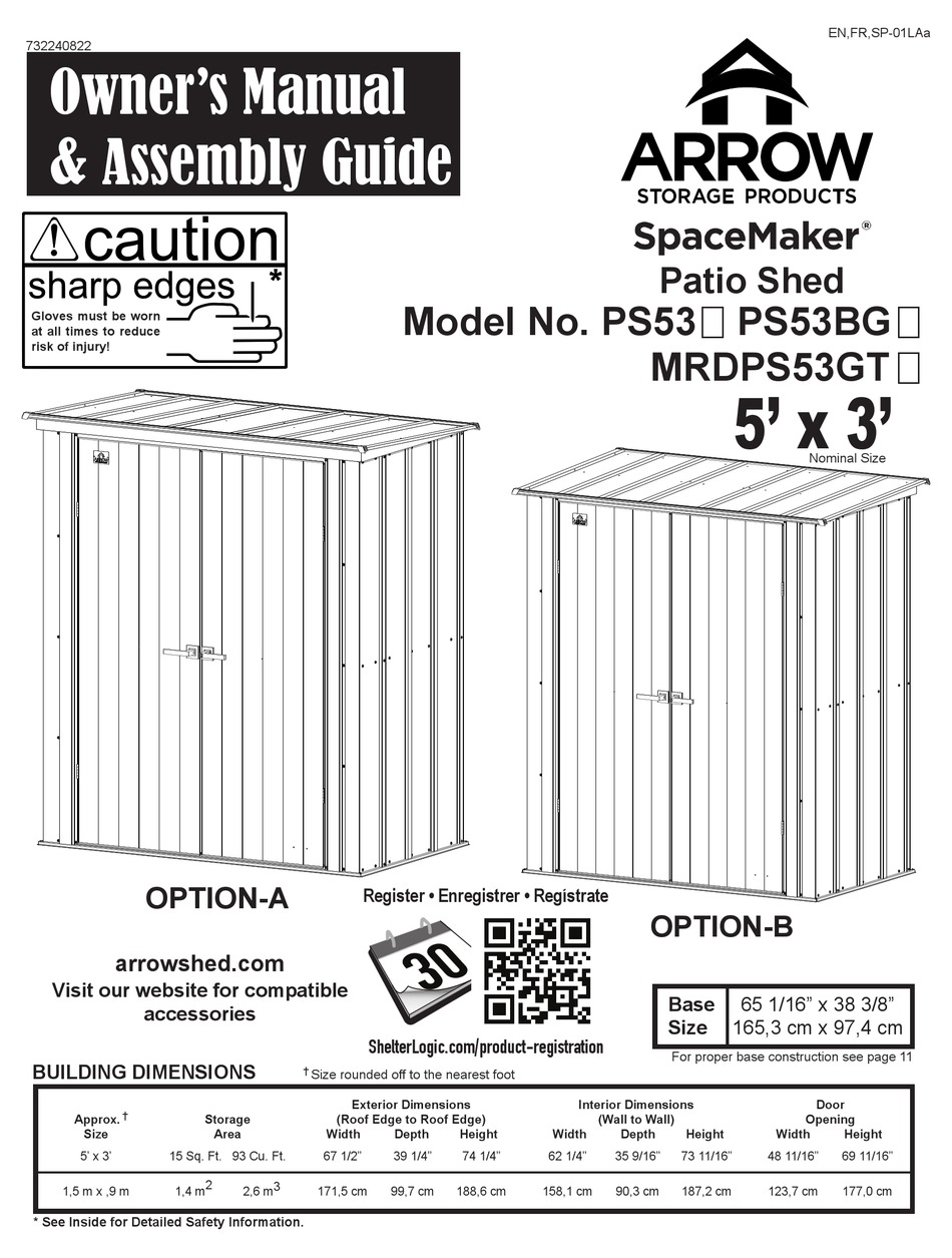 ARROW STORAGE PRODUCTS SPACEMAKER MRDPS53GT OWNER'S MANUAL & ASSEMBLY ...