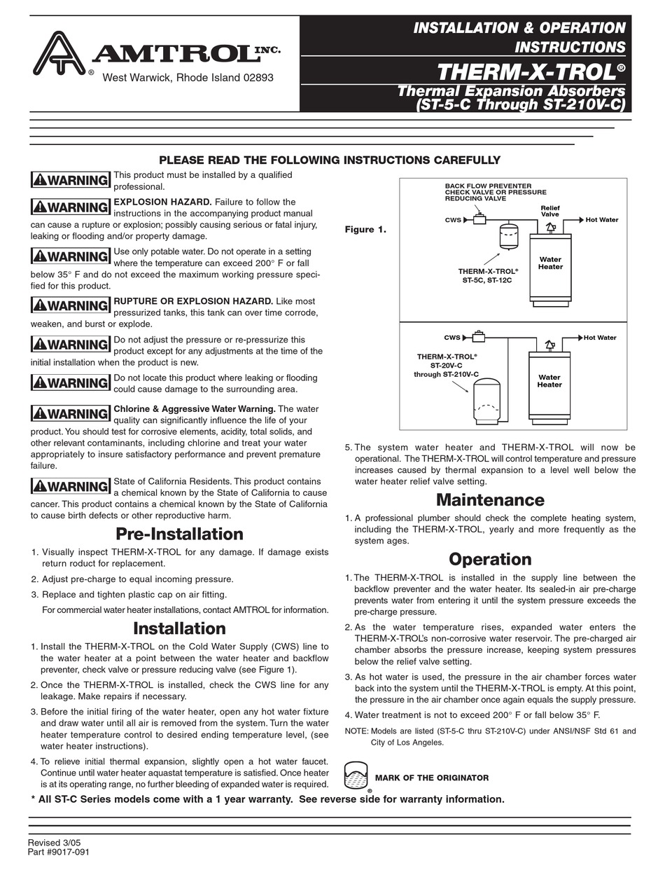 AMTROL THERMXTROL ST20VC INSTALLATION & OPERATION INSTRUCTIONS Pdf