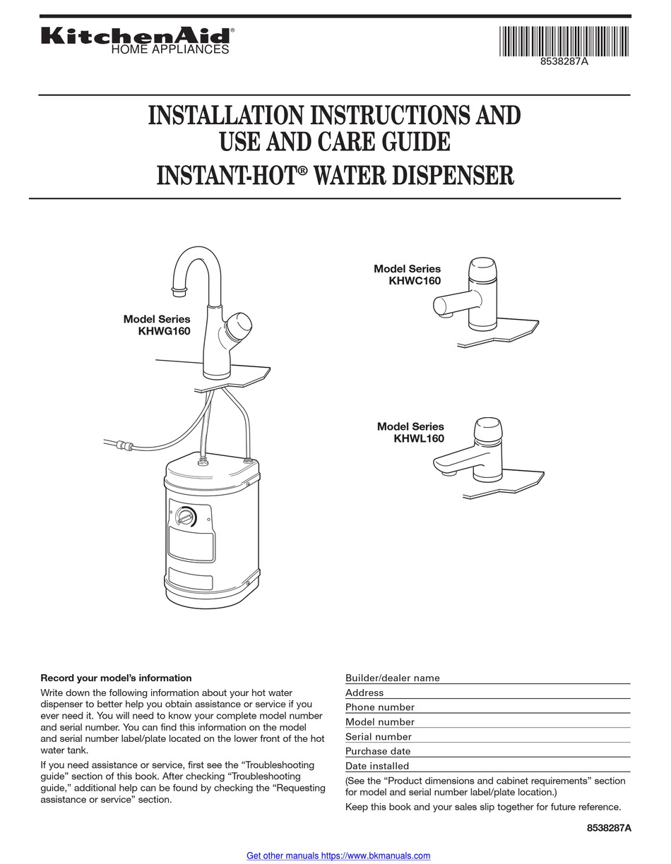 KITCHENAID INSTANTHOT KHWC160 INSTALLATION INSTRUCTIONS AND USE AND