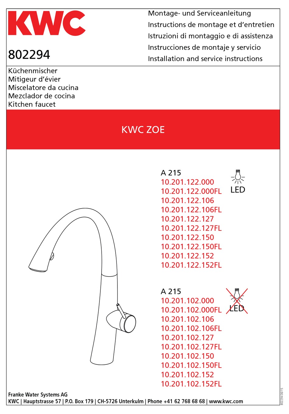KWC A 215 INSTALLATION AND SERVICE INSTRUCTIONS MANUAL Pdf Download