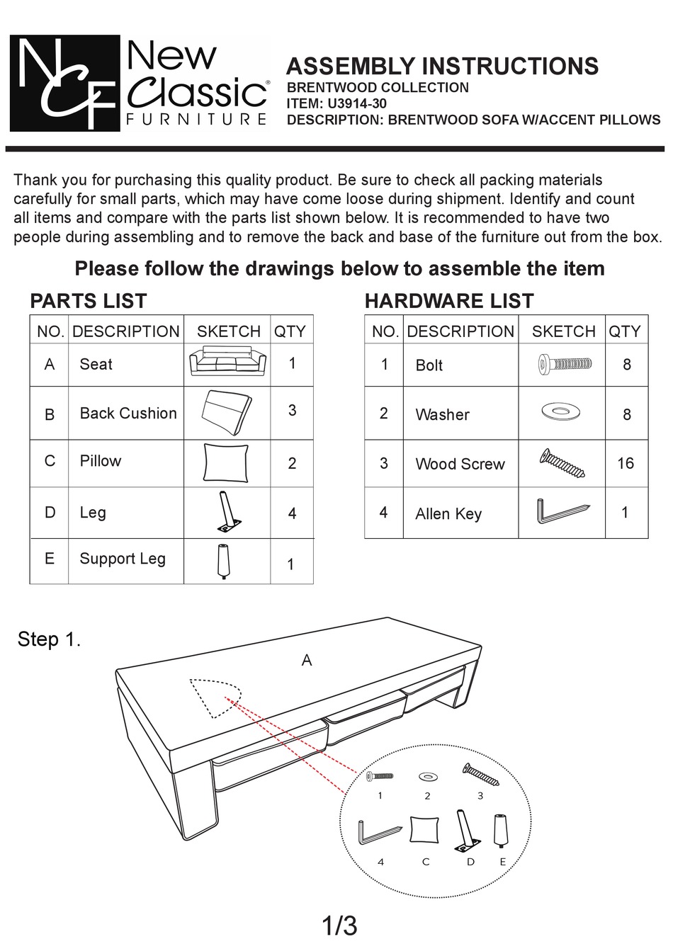 NEW CLASSIC FURNITURE BRENTWOOD U3914-30 ASSEMBLY INSTRUCTIONS Pdf ...