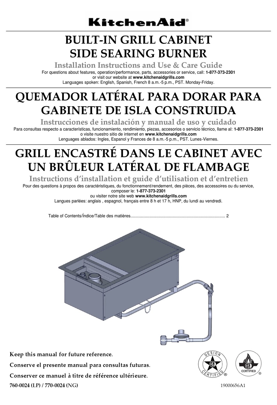 KITCHENAID 7600024 (LP) INSTALLATION INSTRUCTIONS AND USE & CARE