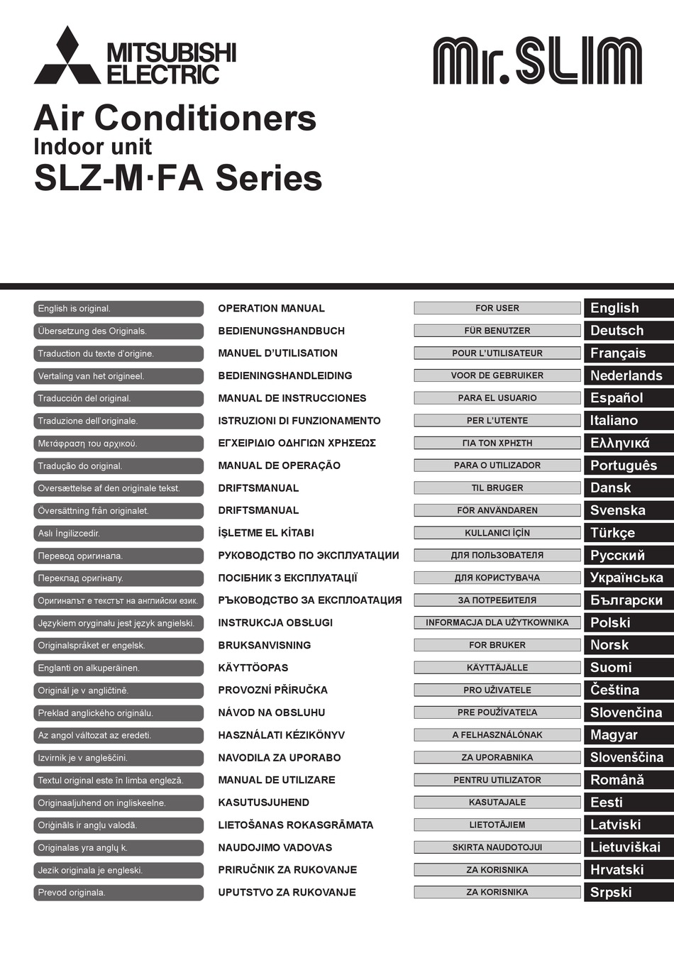 MITSUBISHI ELECTRIC MR.SLIM SLZM FA SERIES OPERATION MANUAL Pdf