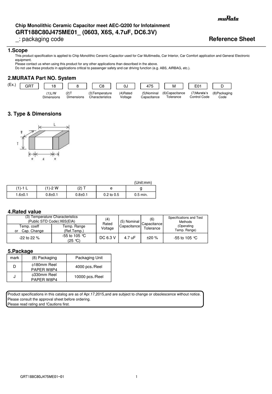 MURATA GRT188C80J475ME01 SERIES REFERENCE SHEET Pdf Download | ManualsLib