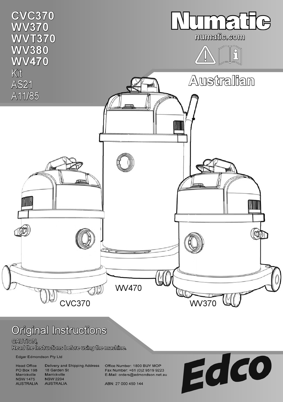 EDCO NUMATIC CVC370 ORIGINAL INSTRUCTIONS MANUAL Pdf Download | ManualsLib