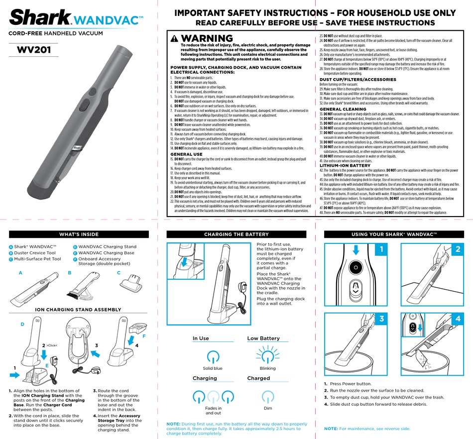 SHARK WANDVAC WV201 MANUAL Pdf Download | ManualsLib