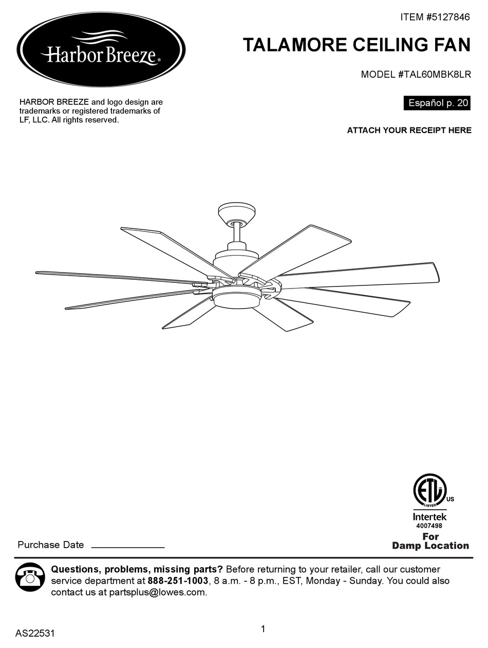 HARBOR BREEZE TALAMORE TAL60MBK8LR MANUAL Pdf Download ManualsLib