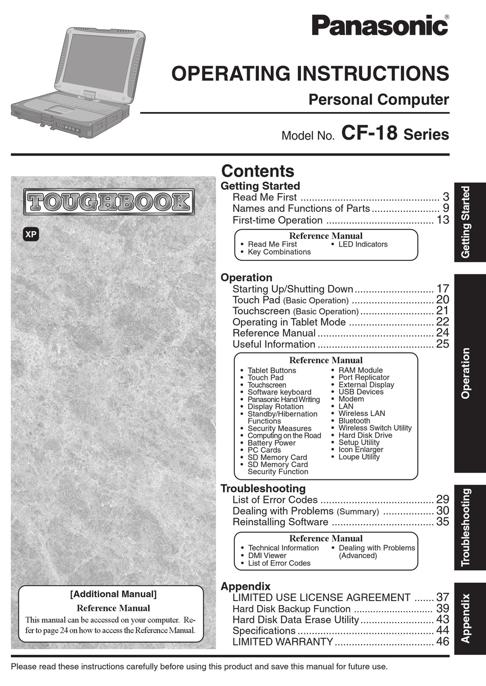 PANASONIC CF18KHHZXBM OPERATING INSTRUCTIONS MANUAL Pdf Download ManualsLib
