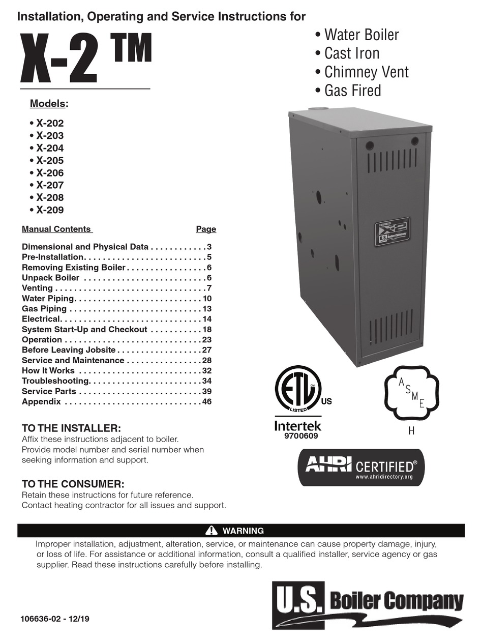 U.S. BOILER COMPANY X2 X202 INSTALLATION, OPERATING AND SERVICE