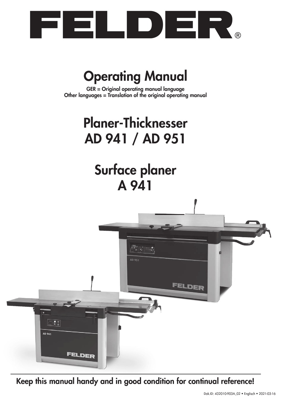 FELDER AD 941 OPERATING MANUAL Pdf Download ManualsLib