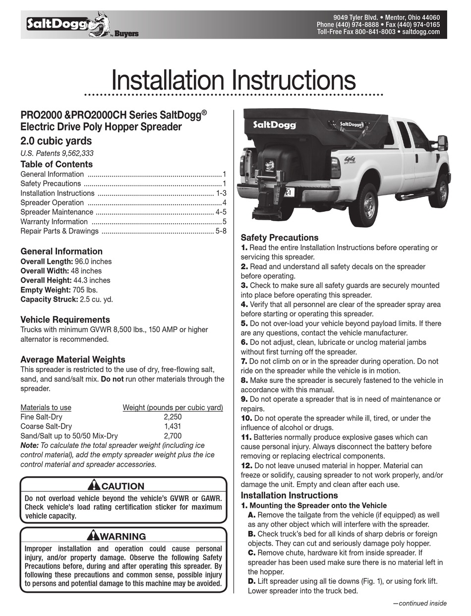 BUYERS SALTDOGG PRO2000 SERIES INSTALLATION INSTRUCTIONS MANUAL Pdf ...