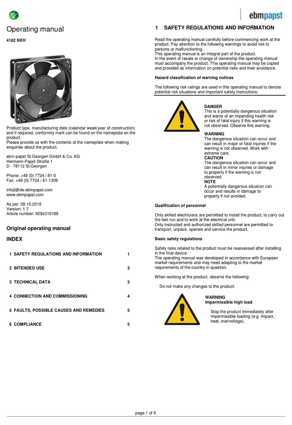 EBM-PAPST 4182 NXH OPERATING MANUAL Pdf Download | ManualsLib