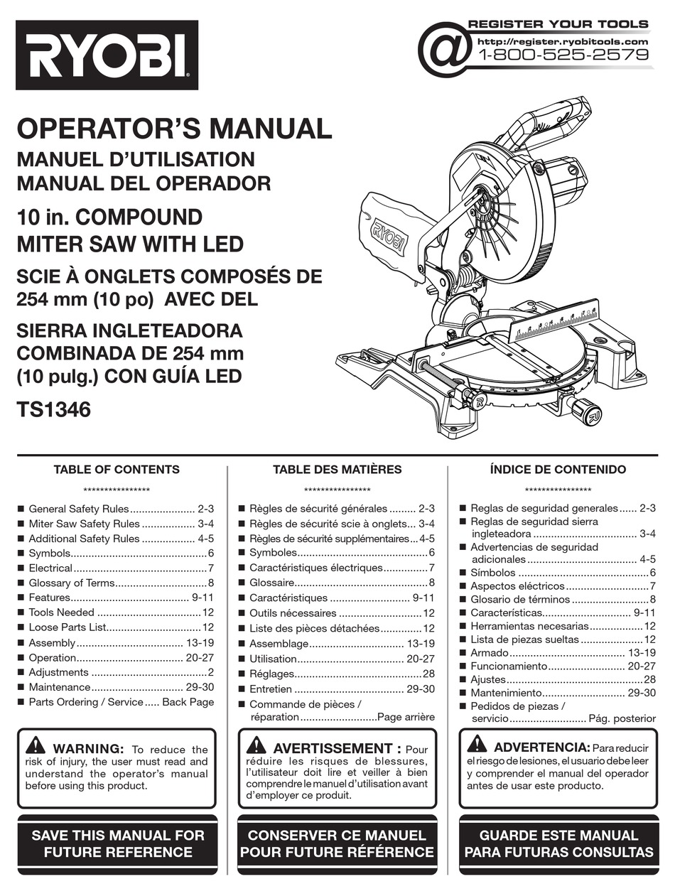 RYOBI TS1346 OPERATOR'S MANUAL Pdf Download | ManualsLib