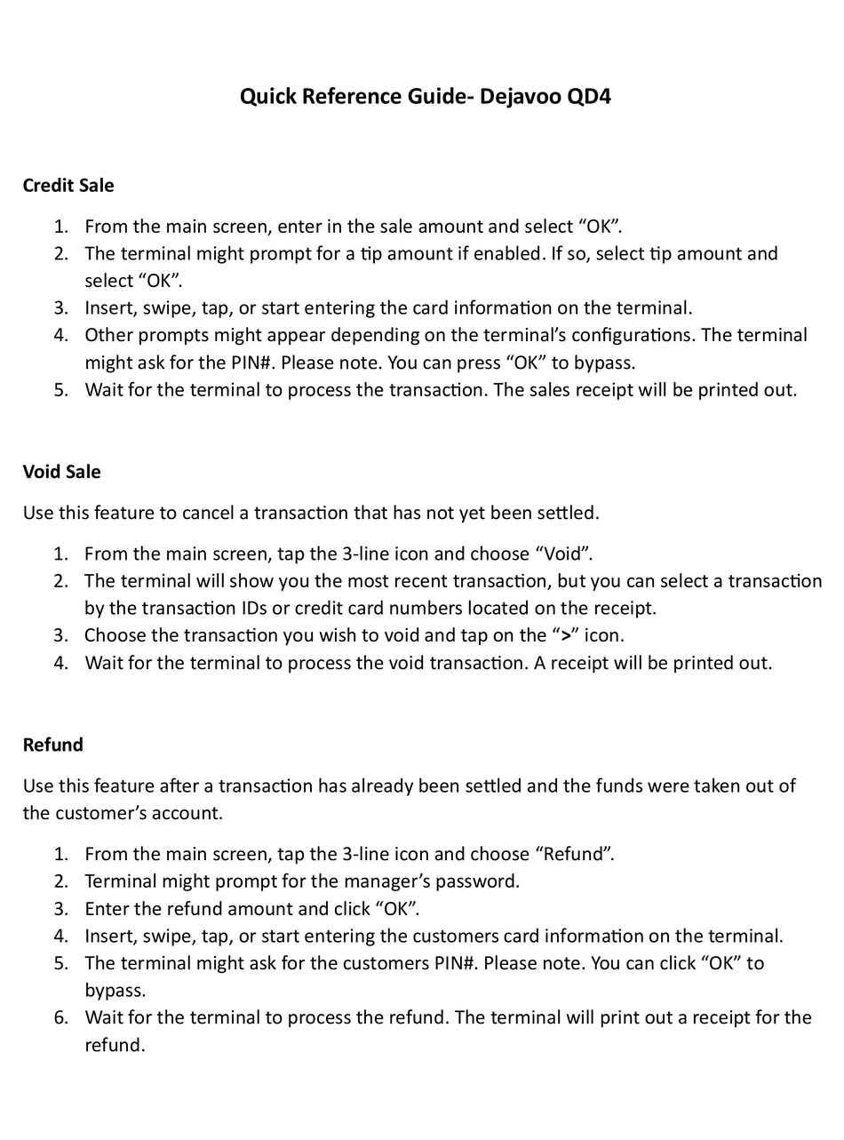 DEJAVOO QD4 QUICK REFERENCE MANUAL Pdf Download | ManualsLib