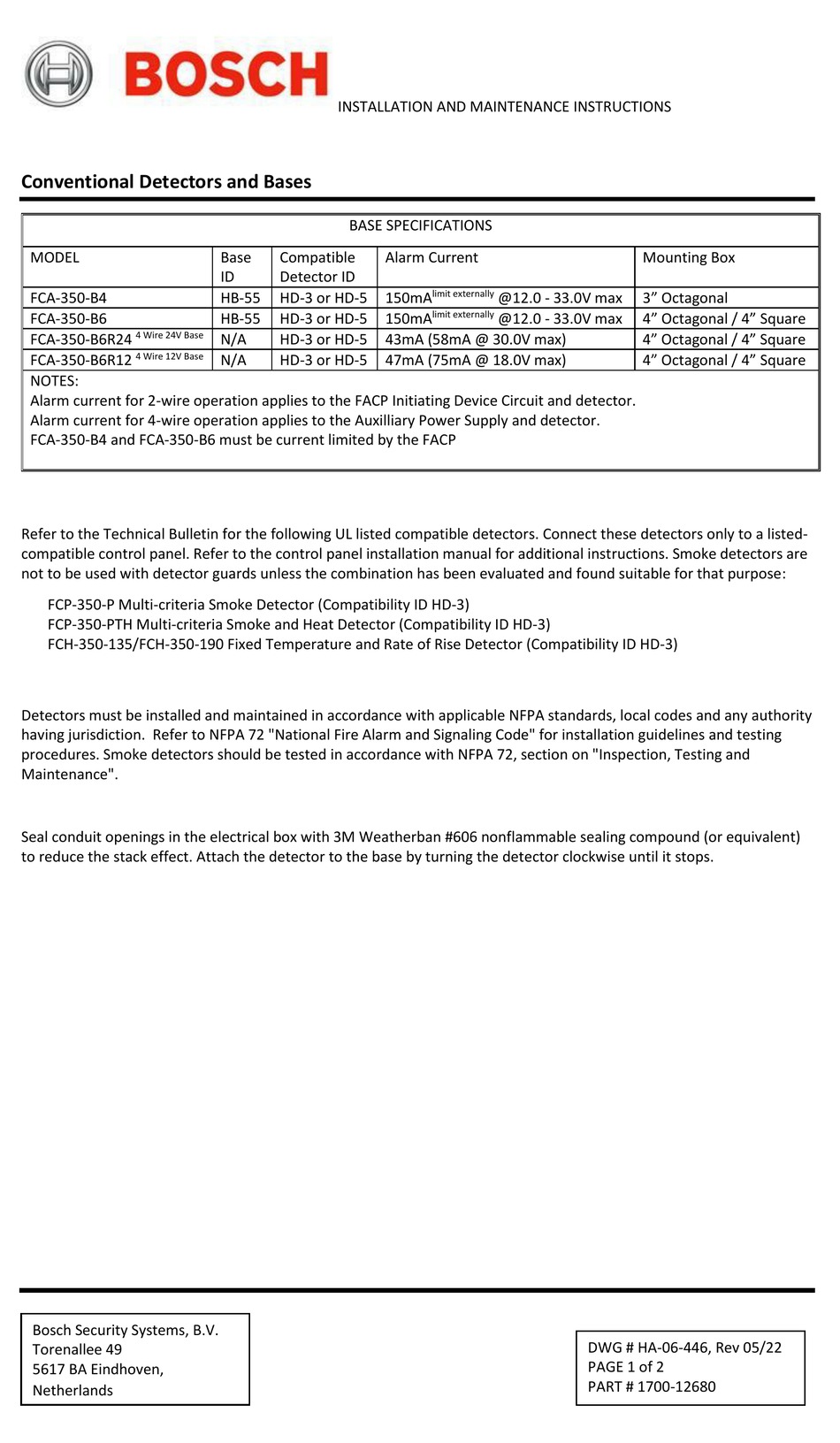 BOSCH FCA 350 B4 INSTALLATION AND MAINTENANCE INSTRUCTIONS Pdf