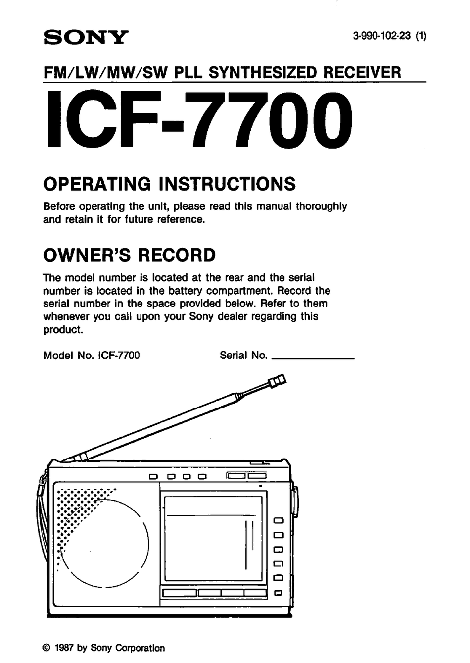 Sony ICF-7700 Radio w/strap w/antenna functional ||READ DESC