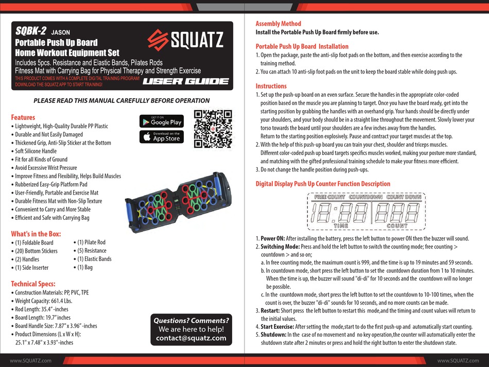 SQUATZ SQBK-1 Portable Push Up Board Home Workout Equipment Set