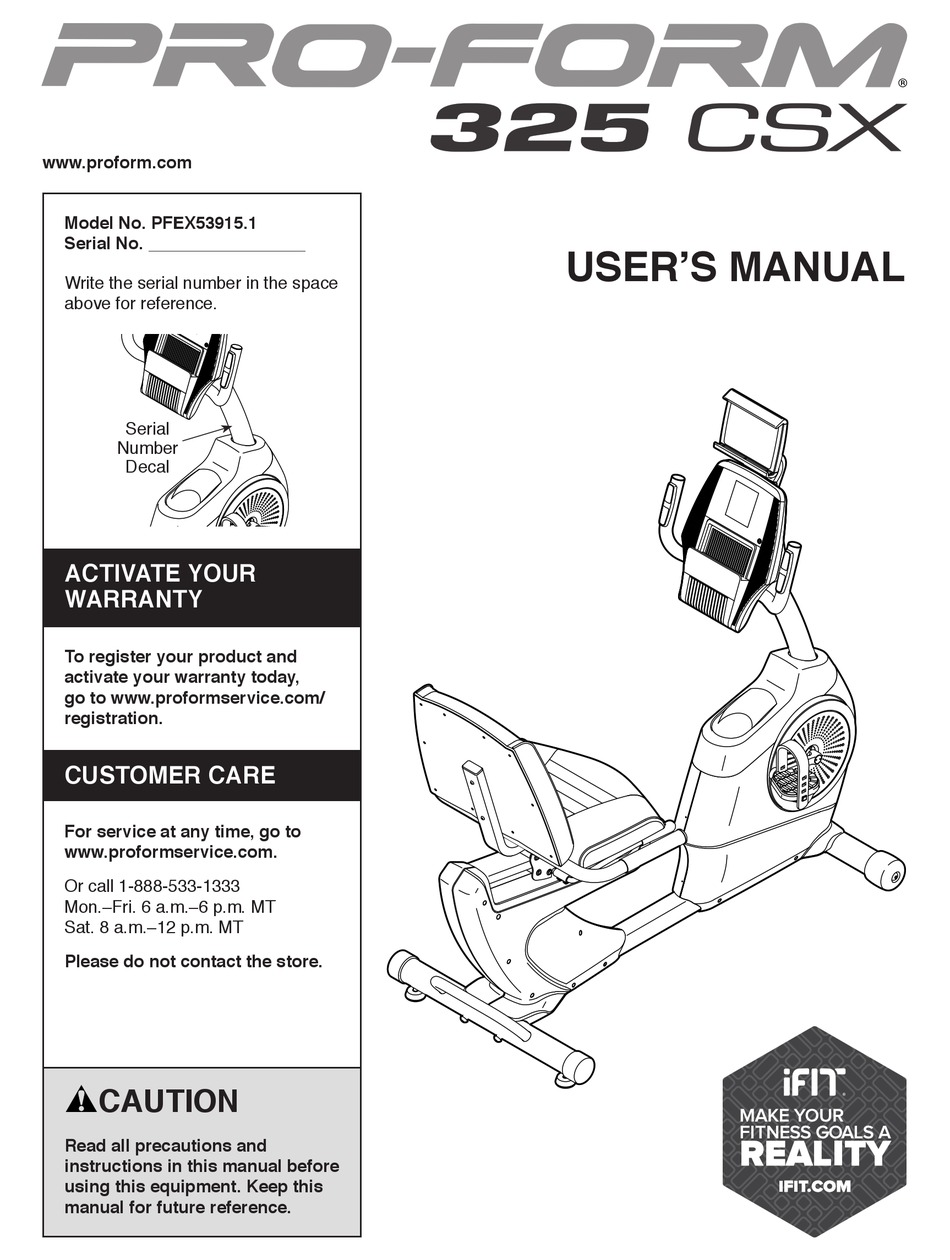 ICON HEALTH FITNESS PRO FORM 325 CSX USER MANUAL Pdf Download ManualsLib