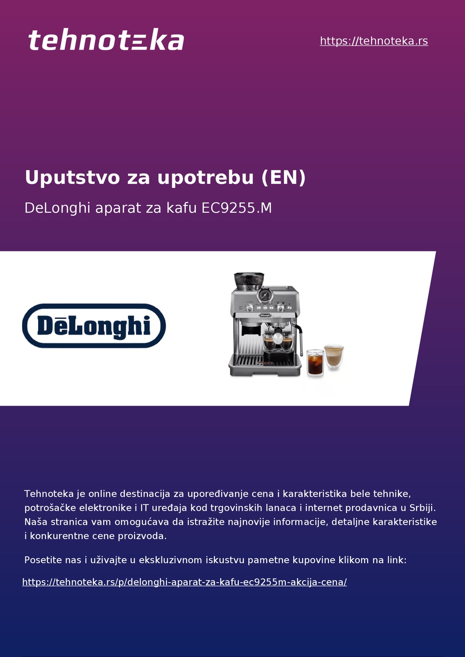 DELONGHI LA SPECIALISTA ARTE EC9255.M INSTRUCTIONS FOR USE MANUAL