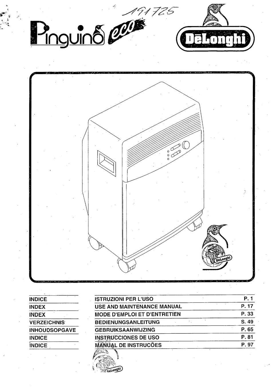 DELONGHI PINGUINO PAC 29 ECO USE AND MAINTENANCE MANUAL Pdf