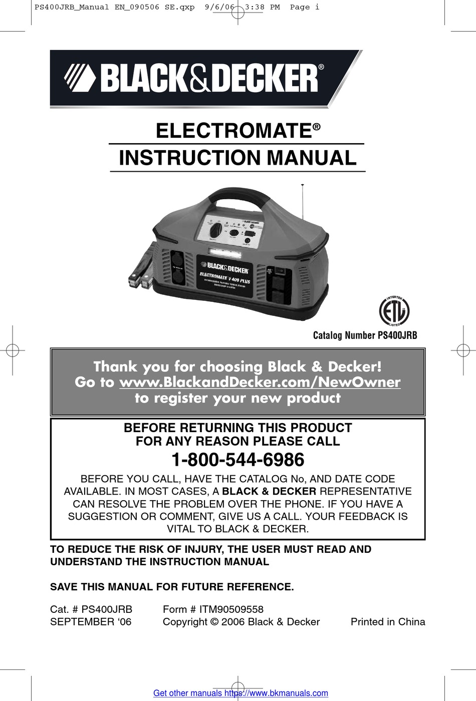 BLACK DECKER ELECTROMATE PS400JRB INSTRUCTION MANUAL Pdf