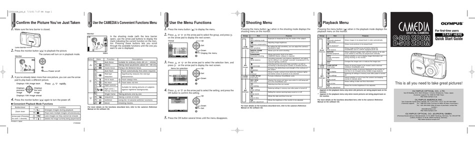 OLYMPUS CAMEDIA C-200 ZOOM QUICK START MANUAL Pdf Download | ManualsLib