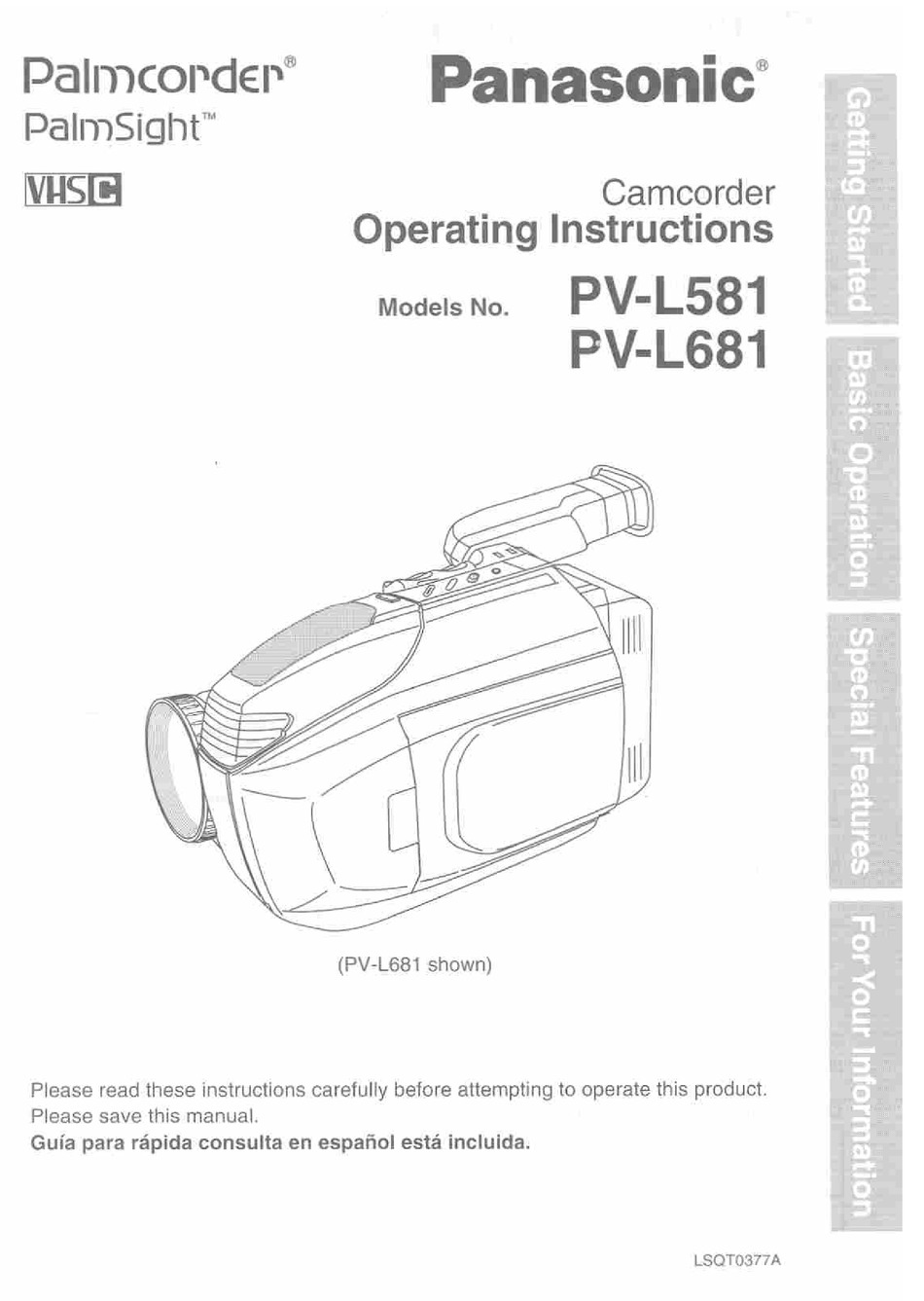 PANASONIC PALMCORDER PALMSIGHT PV-L581 USER MANUAL Pdf Download