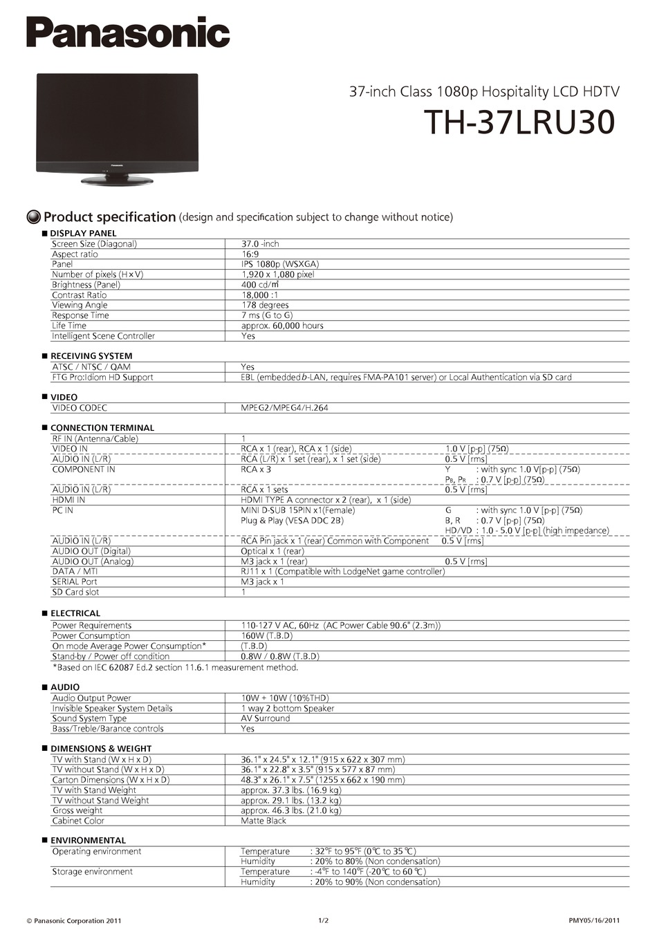 Panasonic Th 37lru30 Specifications Pdf Download Manualslib