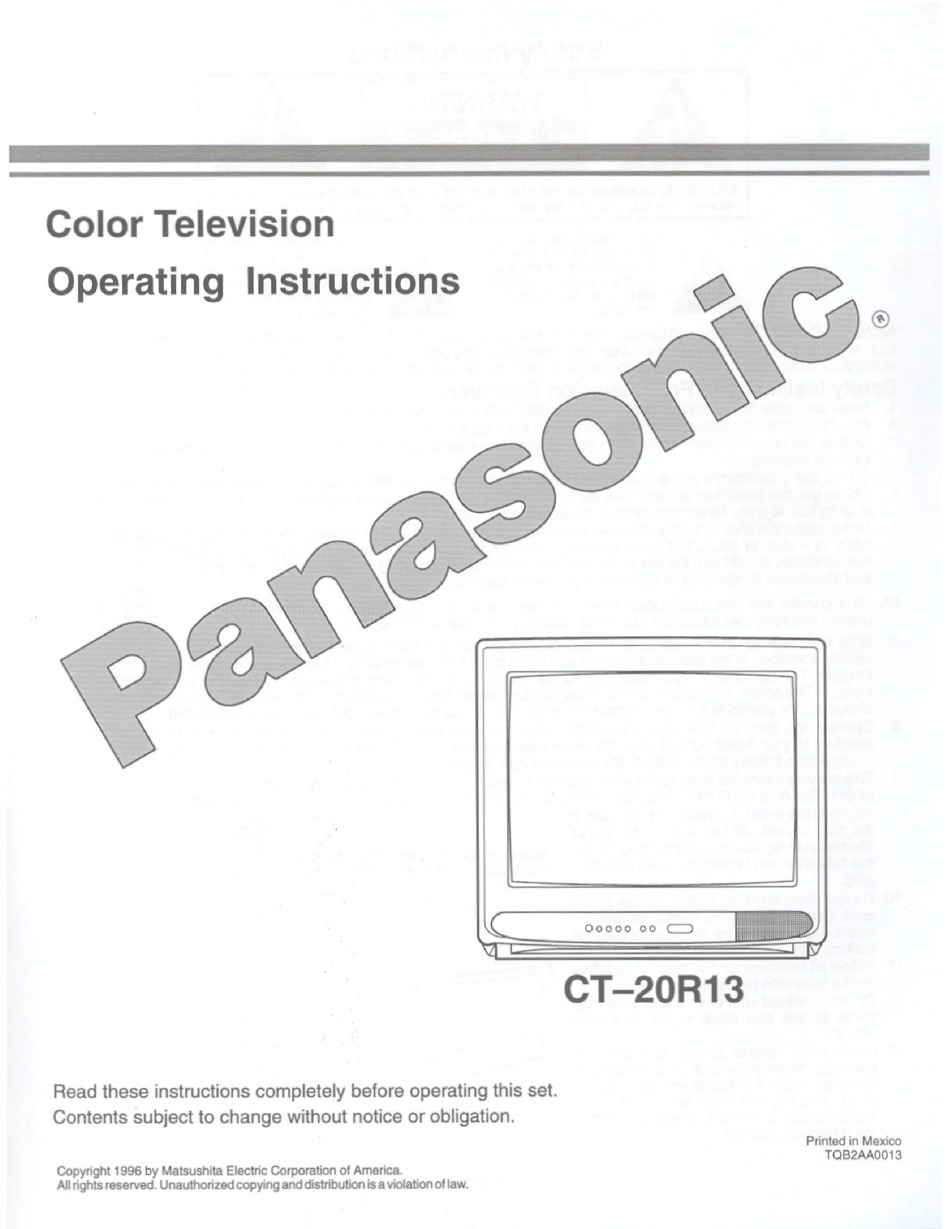 PANASONIC CT20R13 OPERATING INSTRUCTIONS MANUAL Pdf Download ManualsLib