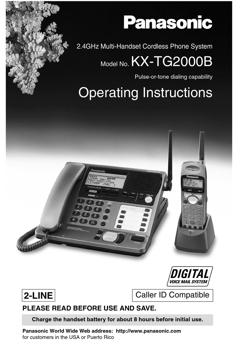 Panasonic KXTG2000B 2.4 GHz DSS 2-Line Cordless Phone with Caller ID and Voicemail 