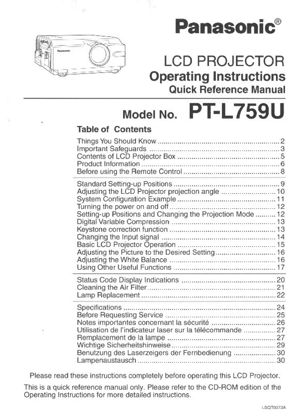 PANASONIC PTL759U OPERATING INSTRUCTIONS MANUAL Pdf Download ManualsLib