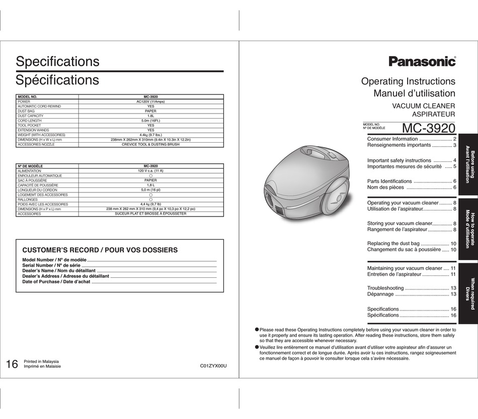 PANASONIC MC-3920 OPERATING 