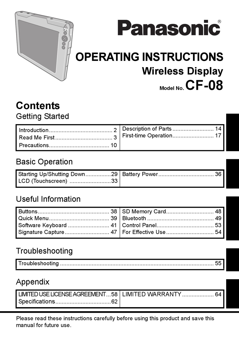 PANASONIC TOUGHBOOK CF-08TX1A1M OPERATING INSTRUCTIONS MANUAL Pdf ...