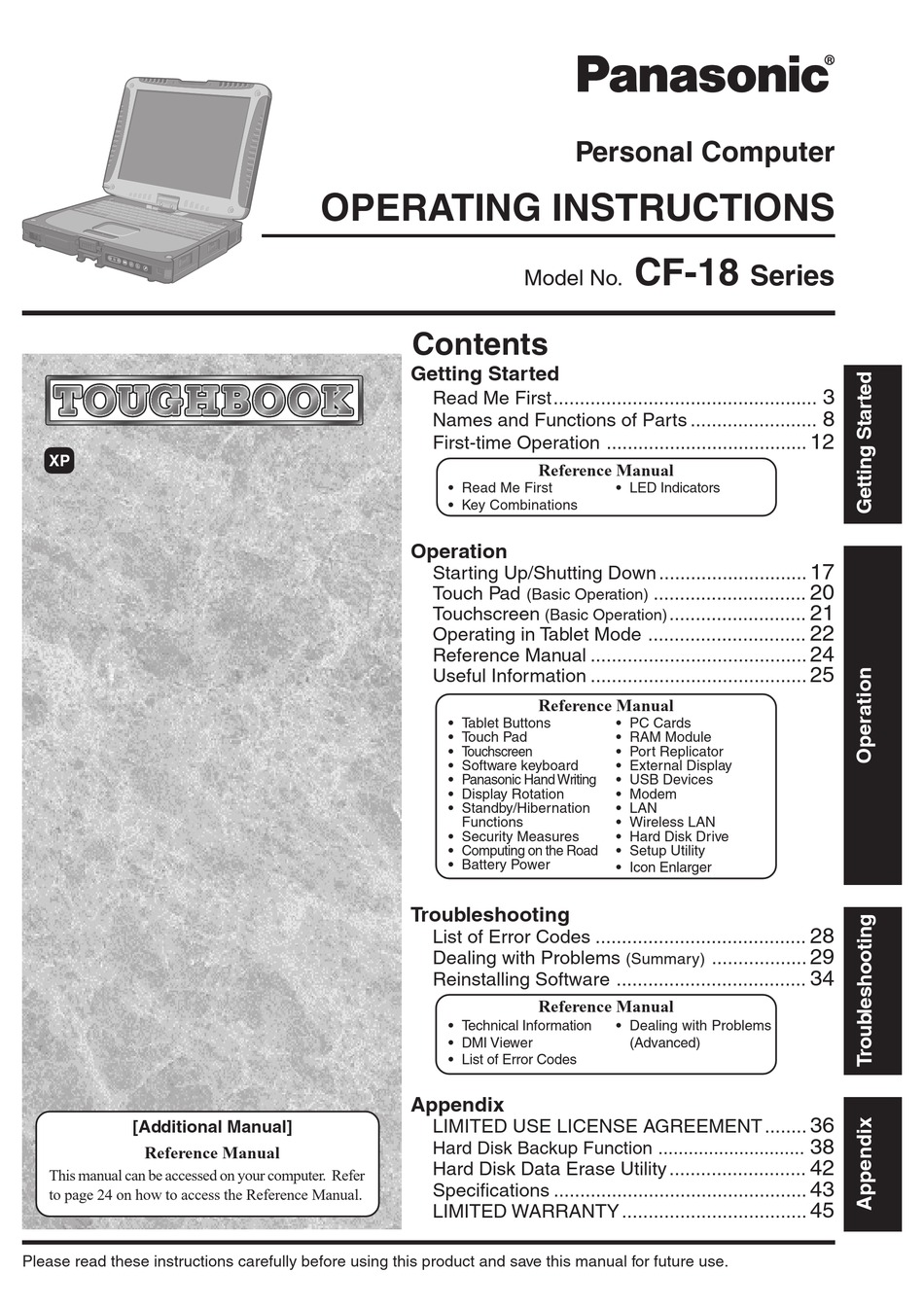 PANASONIC TOUGHBOOK CF-18DHAZXKM OPERATING INSTRUCTIONS MANUAL Pdf