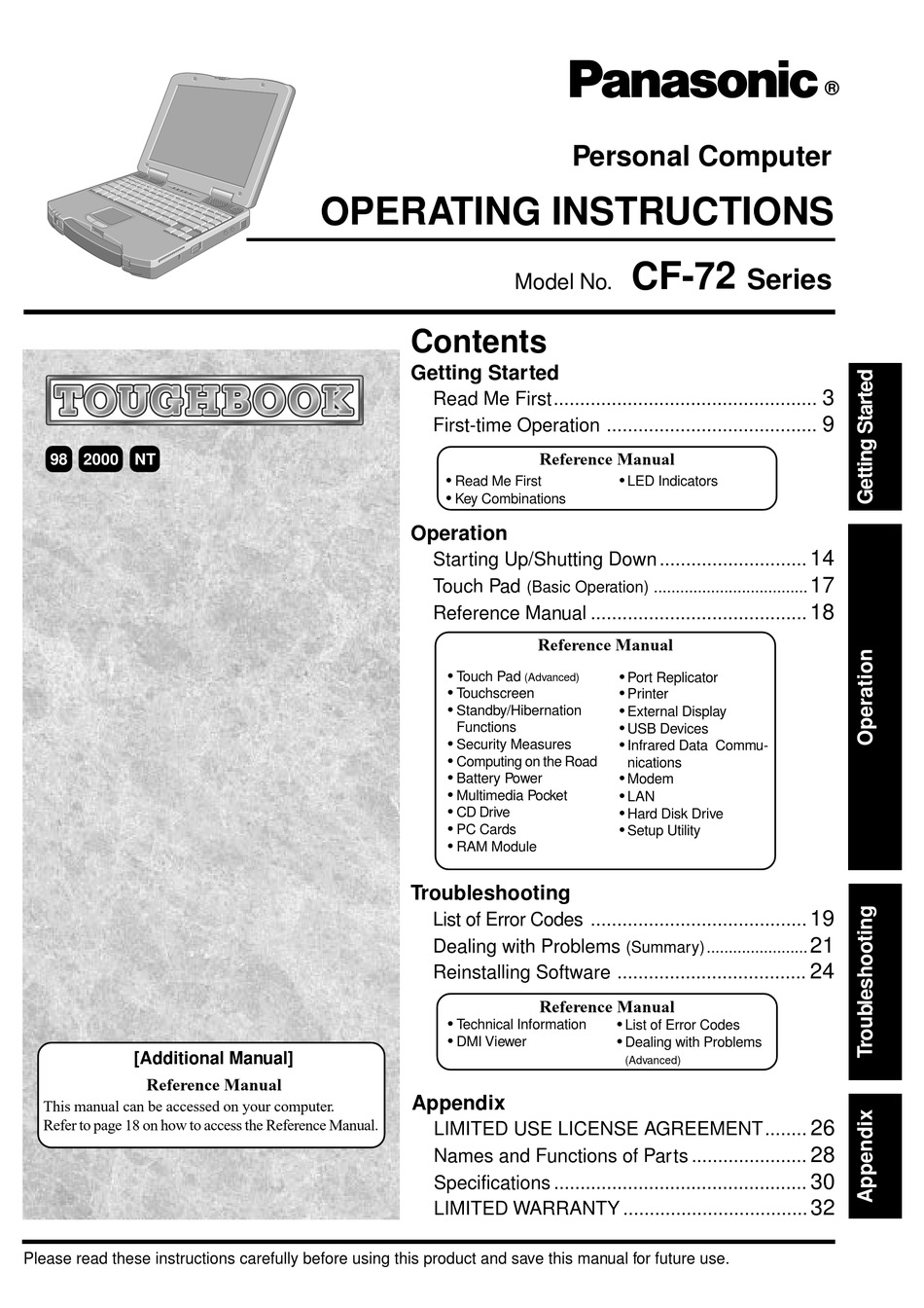 Panasonic Toughbook Cf 72v3juzqm Operating Instructions Manual Pdf Download Manualslib