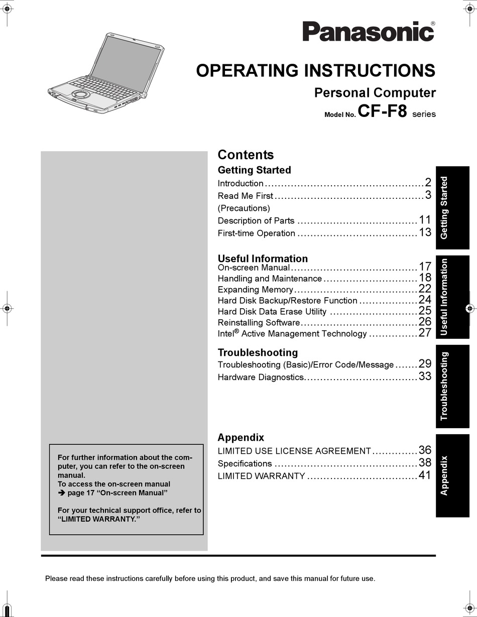 PANASONIC TOUGHBOOK CF-F8EWAZZJM OPERATING INSTRUCTIONS MANUAL Pdf