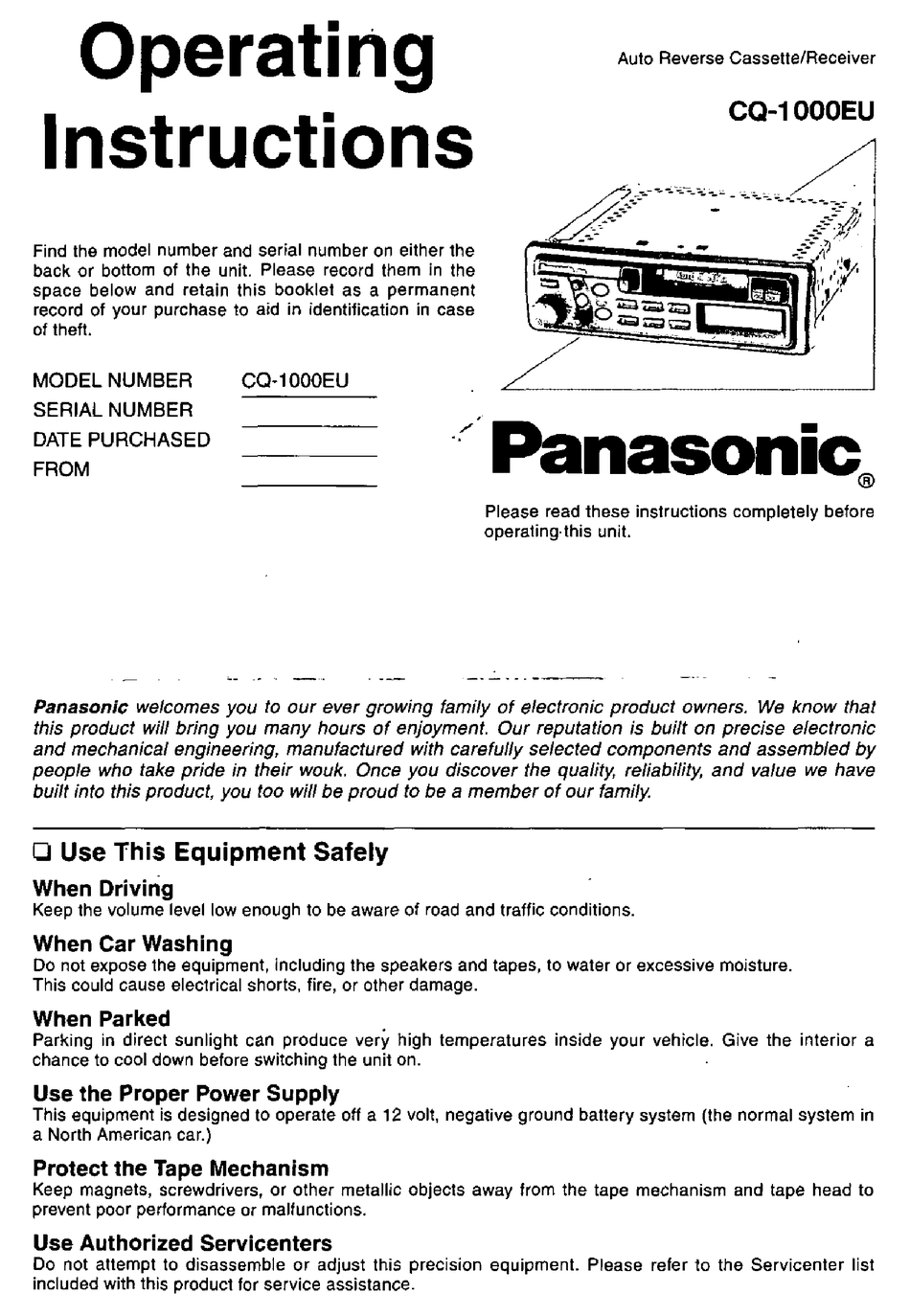 PANASONIC CQ-1000EU OPERATING INSTRUCTIONS MANUAL Pdf Download | ManualsLib