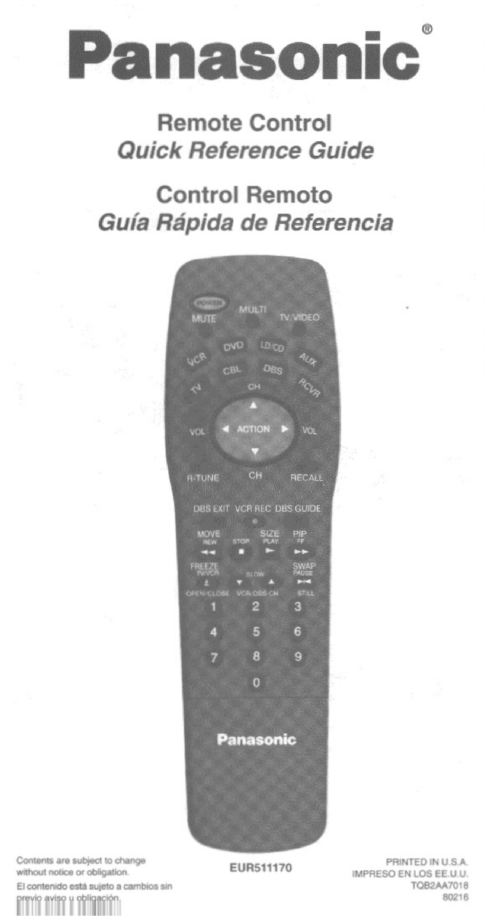 PANASONIC EUR511170 QUICK REFERENCE MANUAL Pdf Download ManualsLib